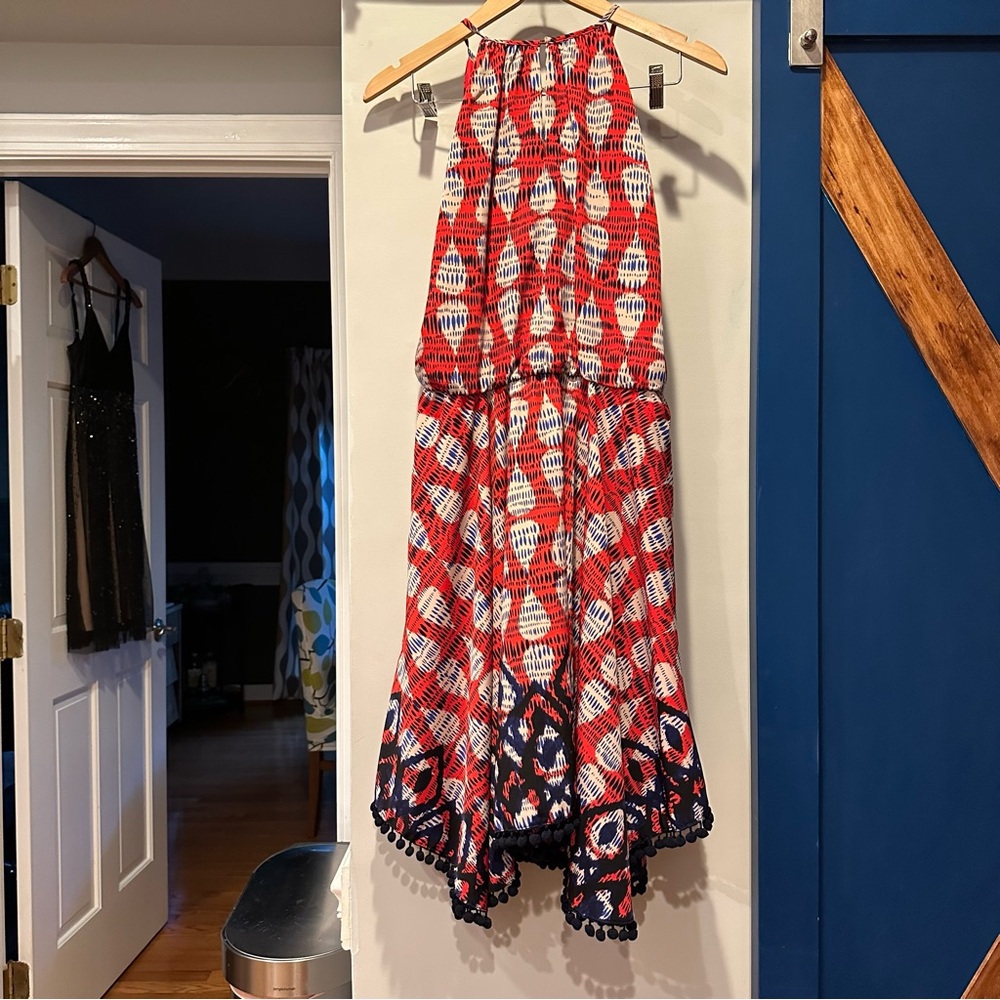 Maggie London red white and blue sleeveless blouson top pompom dress. Size 10 p